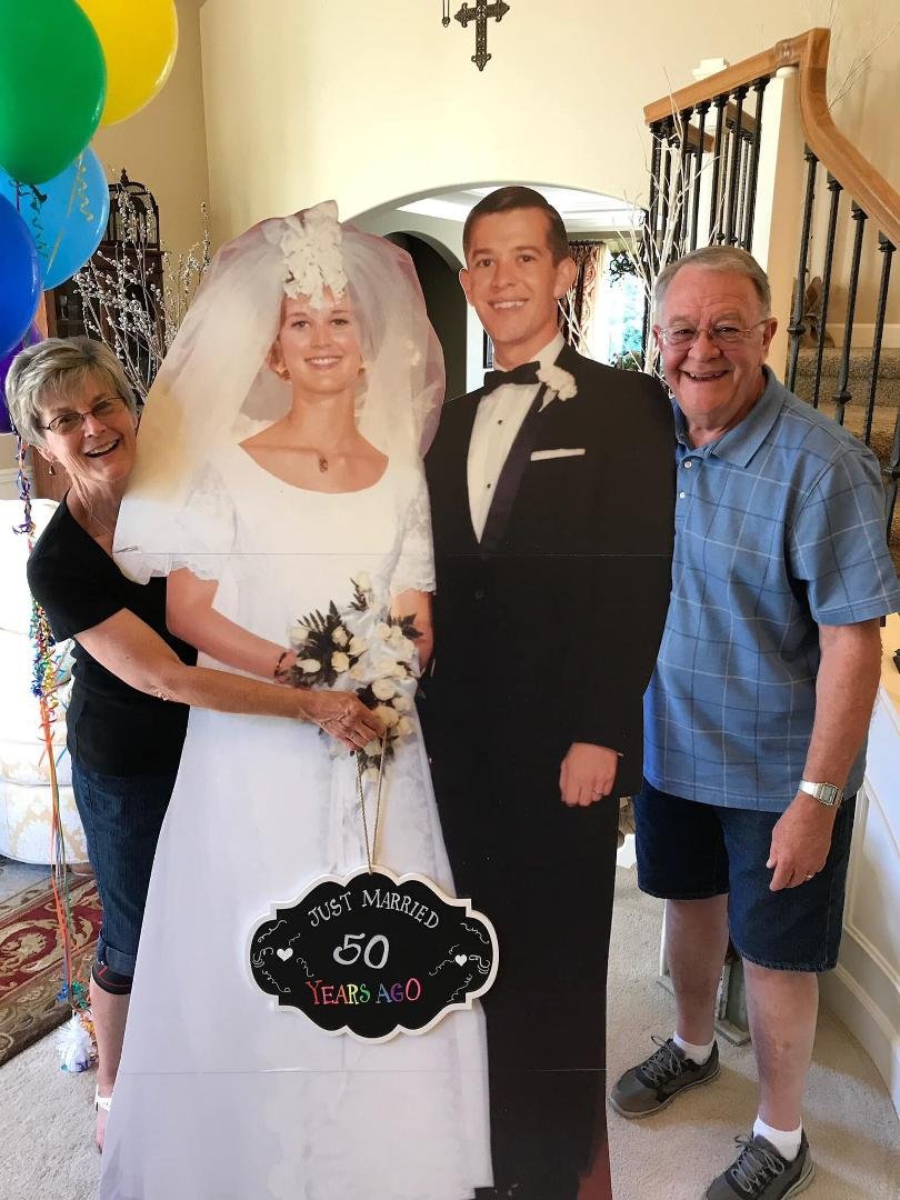 Today, 56 years ago, was the happiest day of my life, to be married to Patty! Yes, as you can see from this photo taken on our 50th! Our son had our original wedding picture enlarged, and as you can see she is still as beau
