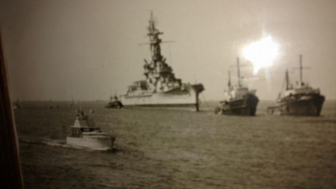 USS Alabama on Feb 7th 1965 just before reaching McDuffie Island.
Two Tugs towing and 1 tug following
This picture was taken about 9 am