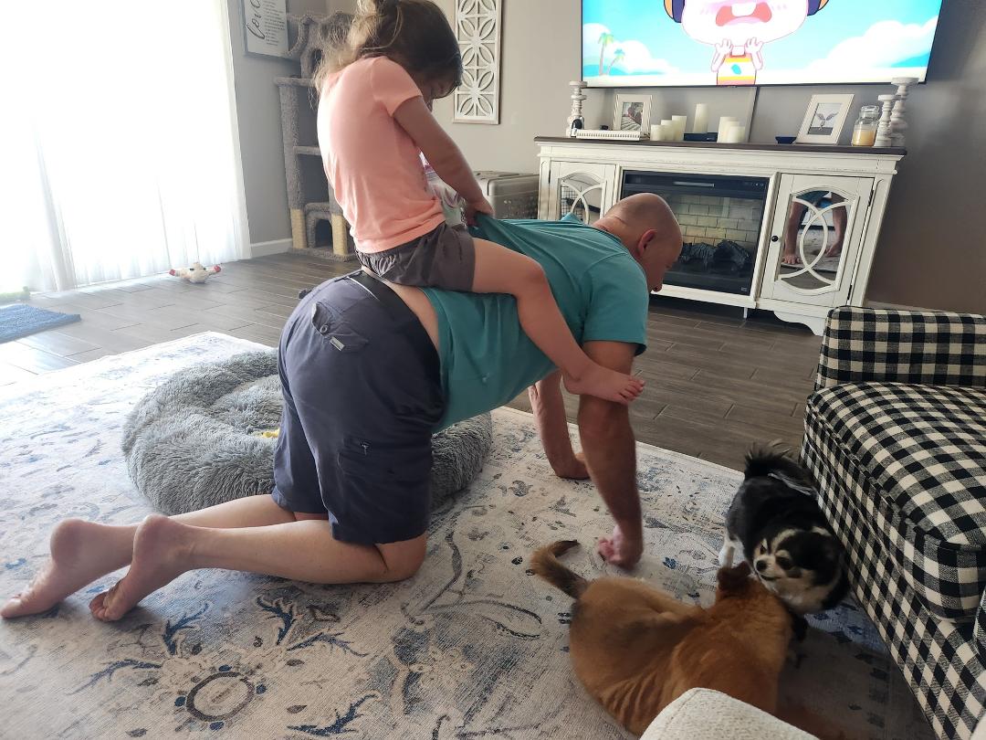 Poor poppa being used and abused. For 3 years old, our little sydney is awfully bossy. Telling "horsey" all kinds of directions. We now remember y we had kids 40 years ago. This stuff is killing us lol... enjoying every min