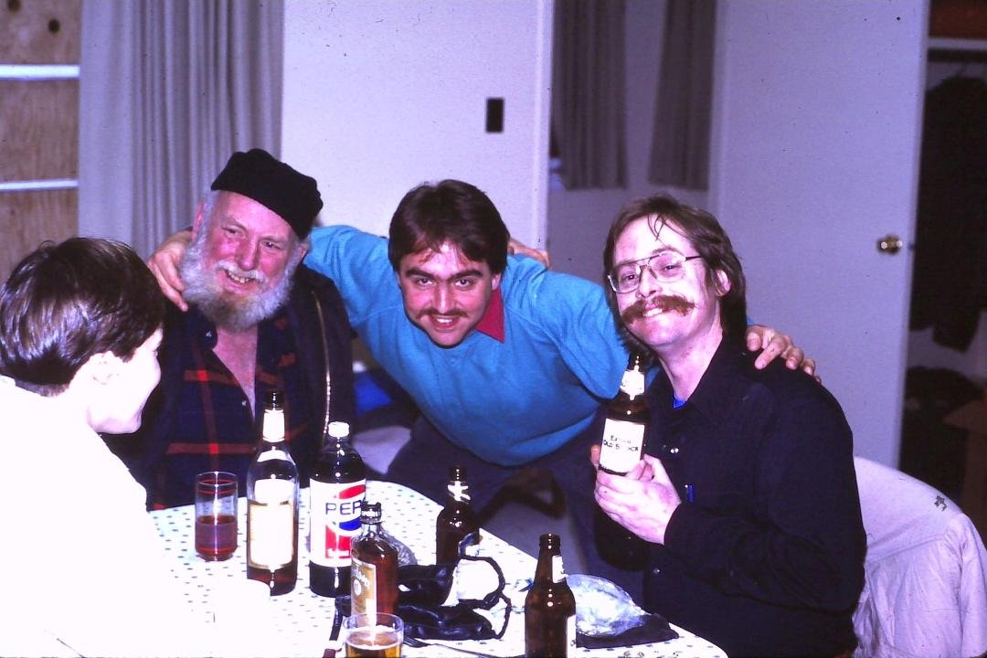 Brother John at Cape St. Mary's, NF for the Christmas bird count December 1989. With John is lighthouse keeper Vince Kehoe and birders Dave Morrow and Andrea MacCharles. Great times!