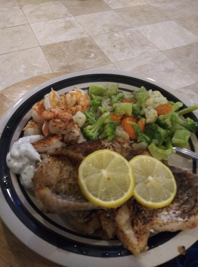 My dinner for tonight grill fish and shrimp with mix veggies thanks my lovely wife Fina Braden Mayberry