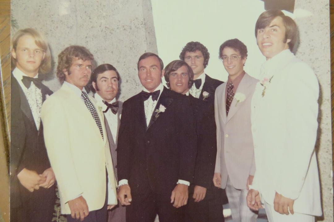 THE UNUSUAL SUSPECTS: Tom Hansen, Jim Lindberg, Mike VanDordrecht,Steve Seely, bro Frank, Pete Henderson, Jim Morris, groom