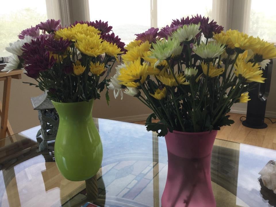 My Mothers Day flowers from Bob Foxwell, Michele VanCise Foxwell and Devin De Fox Foxwell. They came as one bunch with the green vase. I had to get another vase out -- too many for just one vase! Thank you all. I love you.