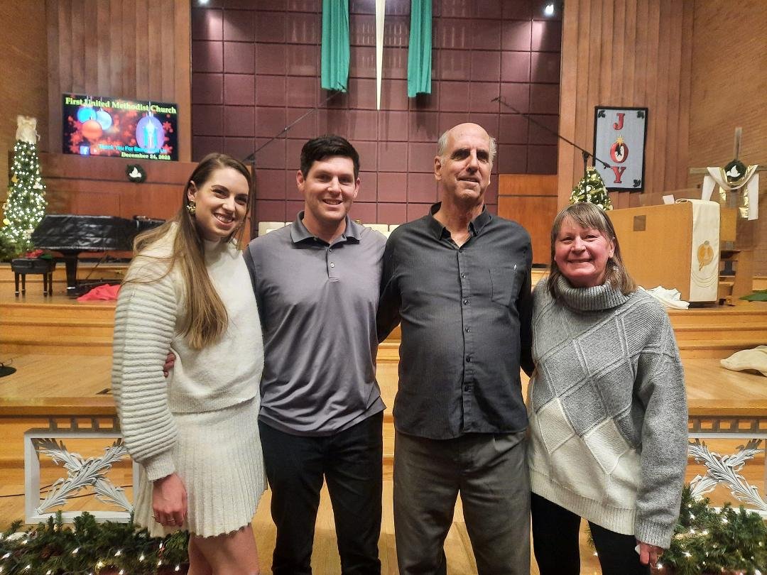 Christmas Eve service. Greeley, CO First United Methodist Church, established 1870 on this same location. Hannah, Preston(fiancé), Richard,Peg.