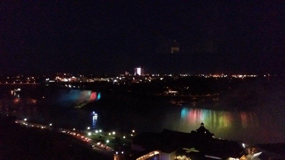 Niagara Falls at night; viewed from our hotel room.