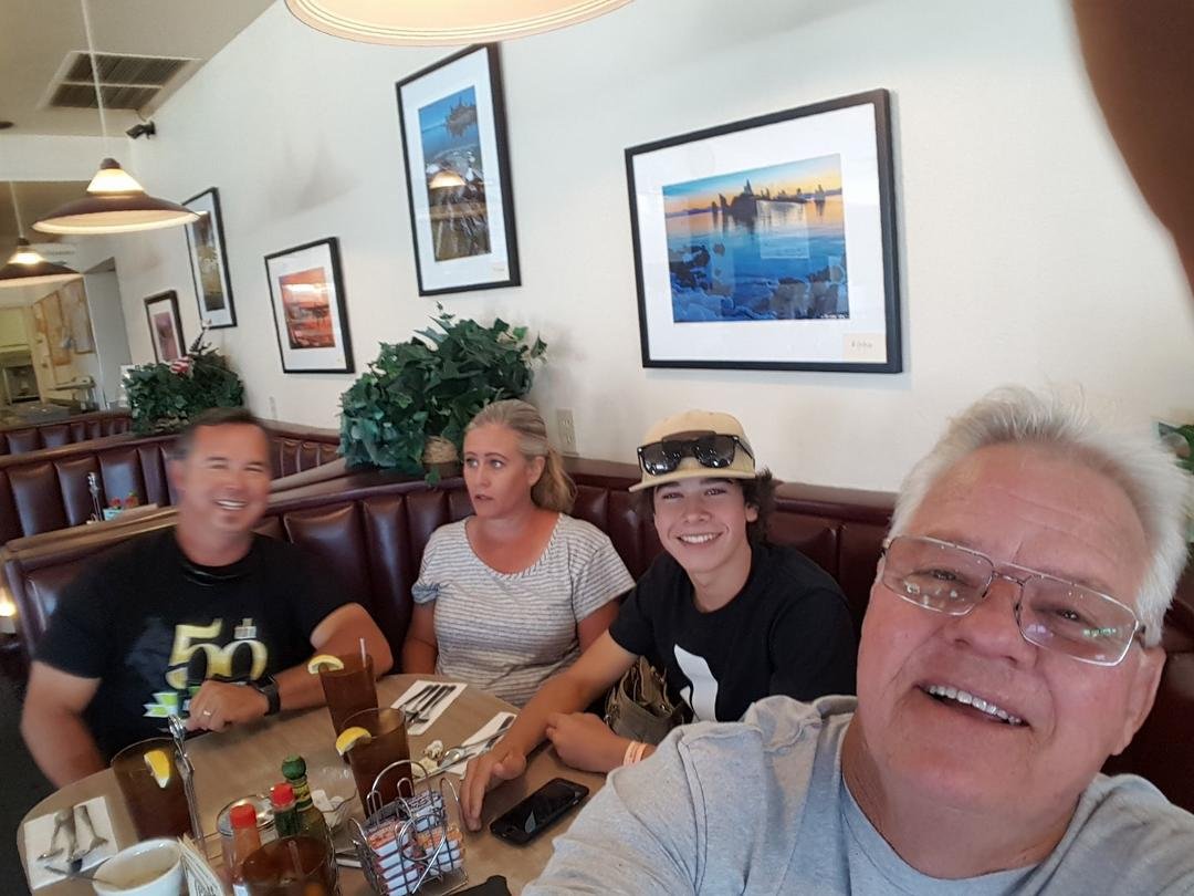 Having breakfast in Lee Vining, on our way home from a super week in Mamouth  Lakes , racing with my great nephew , Kyle Props