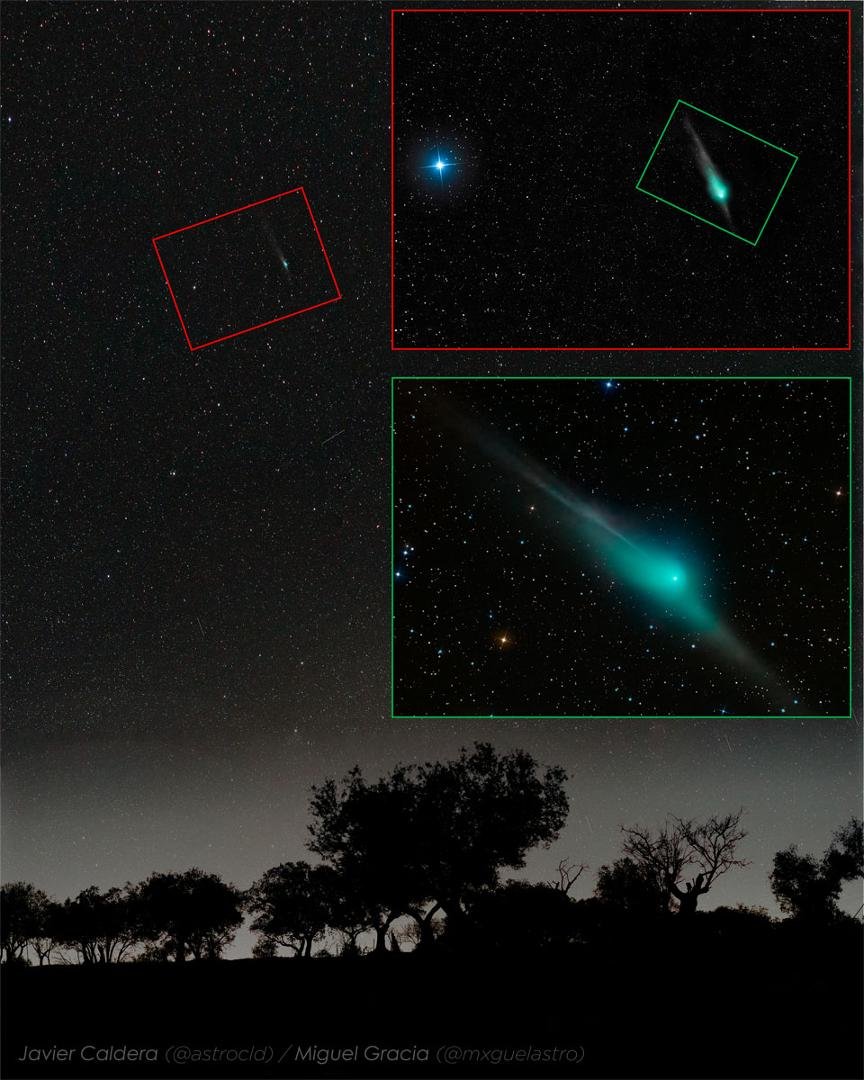 A Triple View of Comet ZTF
Image Credit & Copyright: Javier Caldera & Miguel Gracia
Explanation: Comet ZTF has a distinctive shape. The now bright comet visiting the inner Solar System has been showing not only a common du
