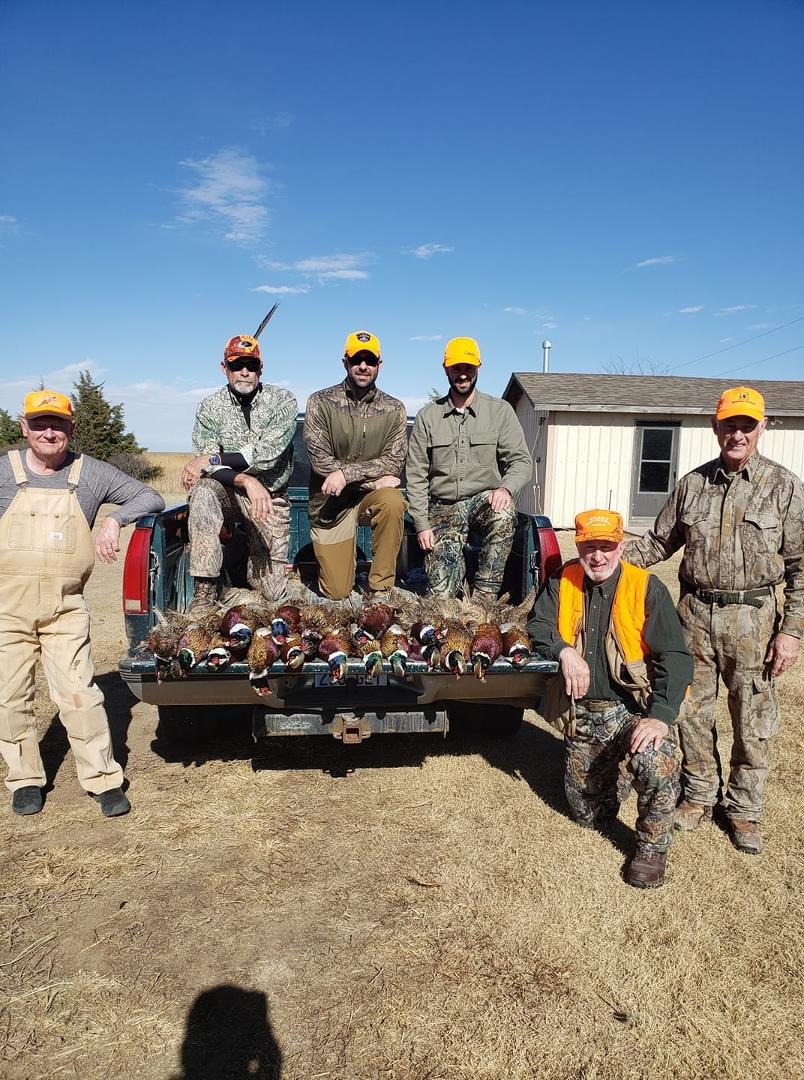 Having an awesome time Pheasant hunting in Kansas. With Steve Shorts, Matthew Shorts, Adam Shorts, Gary Sullivan, and Wayne Lambert. Three hunts three limits. That’s 108 birds total. Cecils Trails End, Minneola, Kansas