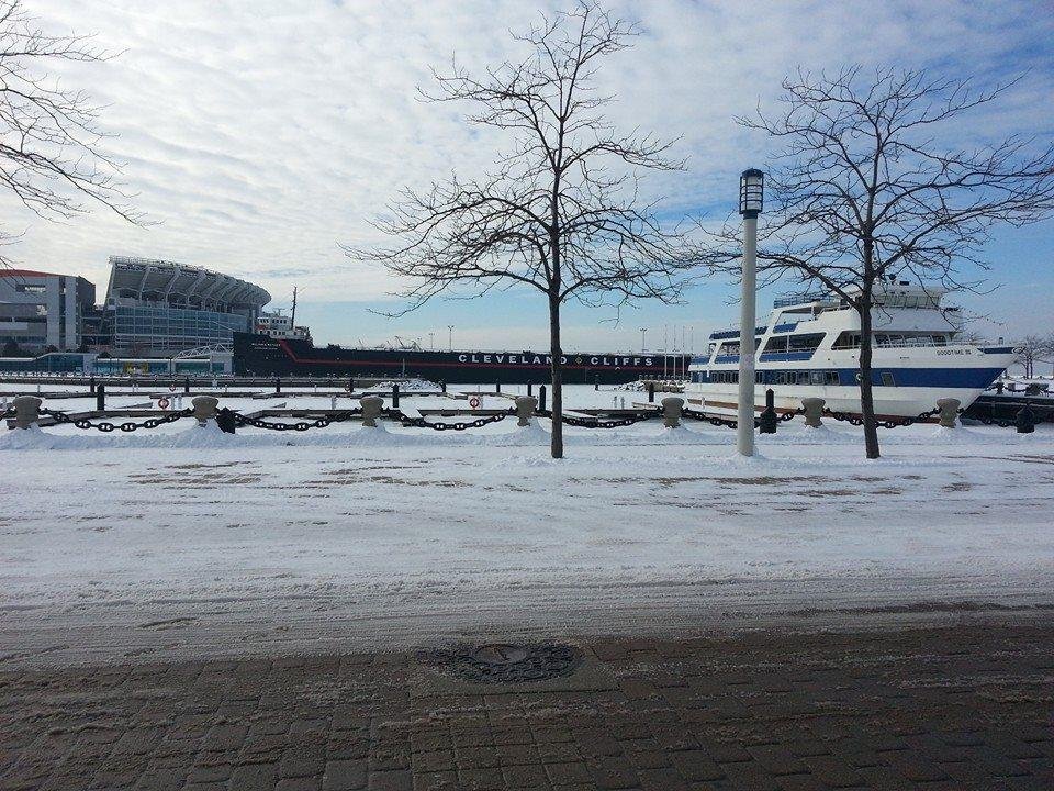 Lake Erie frozen over. In thr background is the stadium where the Indians play