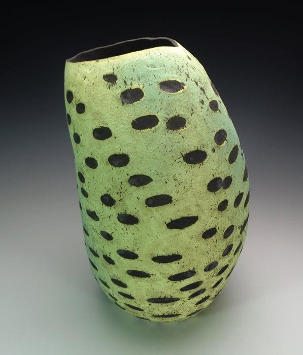 new work, 14" T colored slips, oxide stain, fired to cone 2