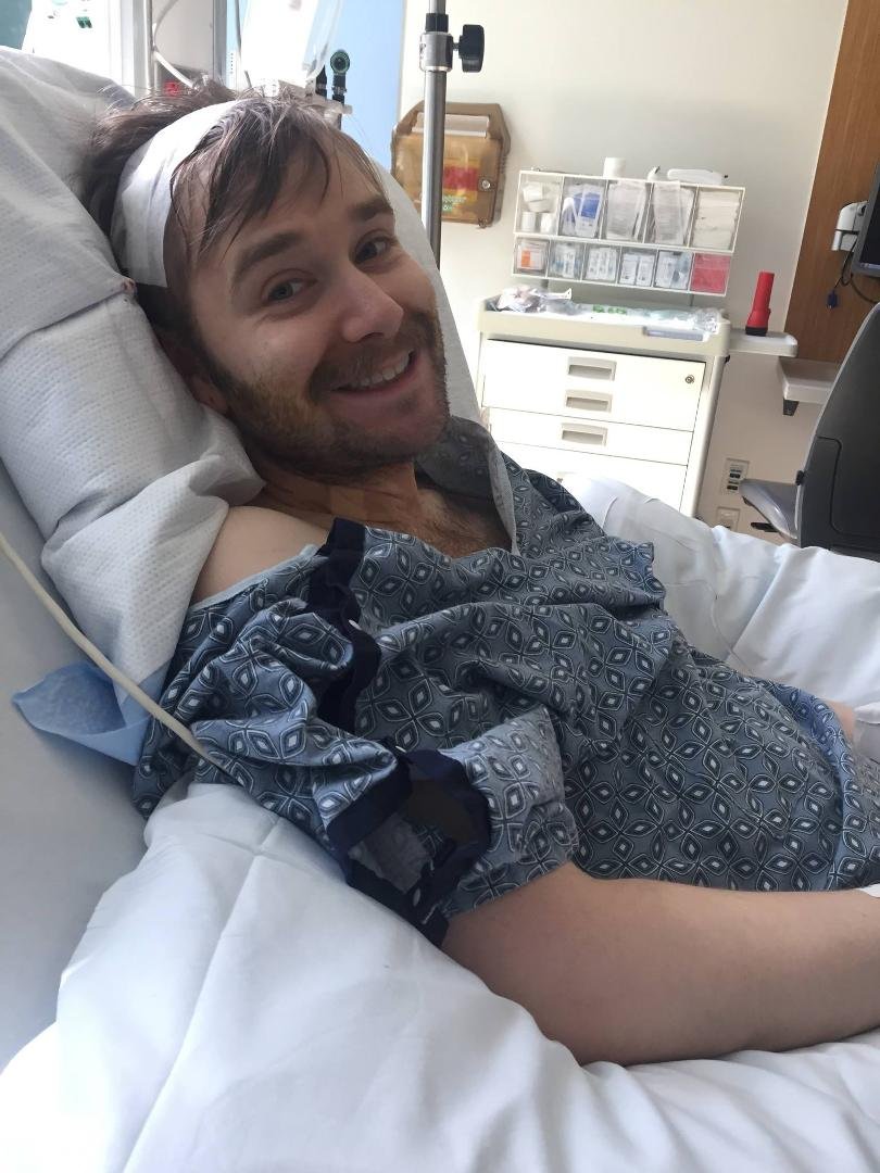 My son Mark after successful surgery to remove a brain AVM. Today was a very good day.