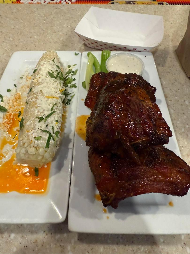Monthly lunch at my favorite bbq place, visiting a long-time friend. Street corn and honey jalapeno ribs