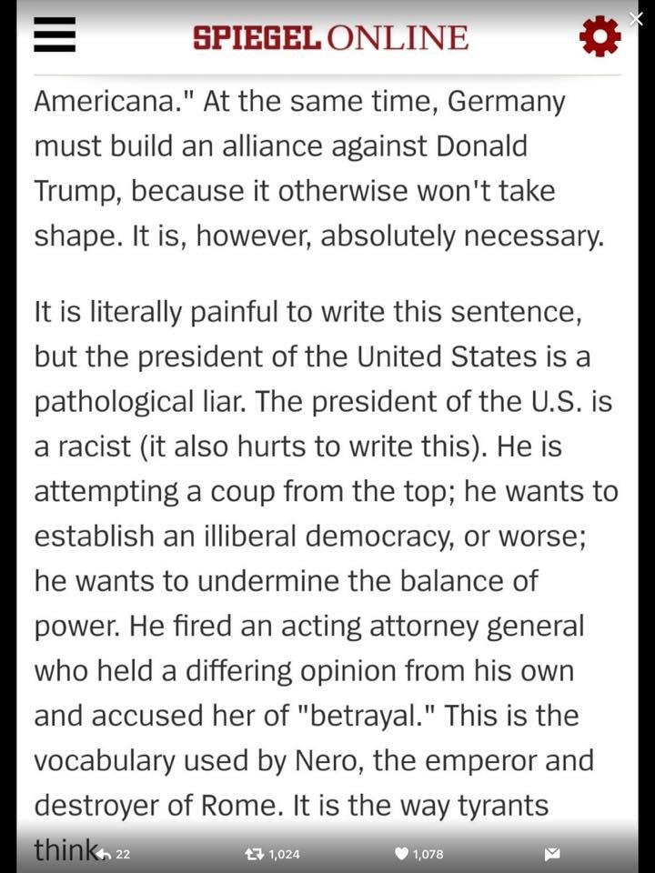 Just in case you want to know what others in the world think. They're not against America, they fear for who is running America.