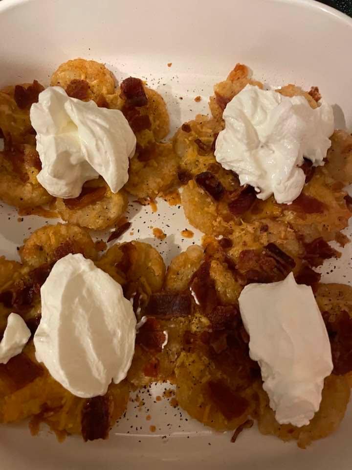 These were yummy. Tater crowns smashed down with cheese and bacon bits and a dab of sour cream…