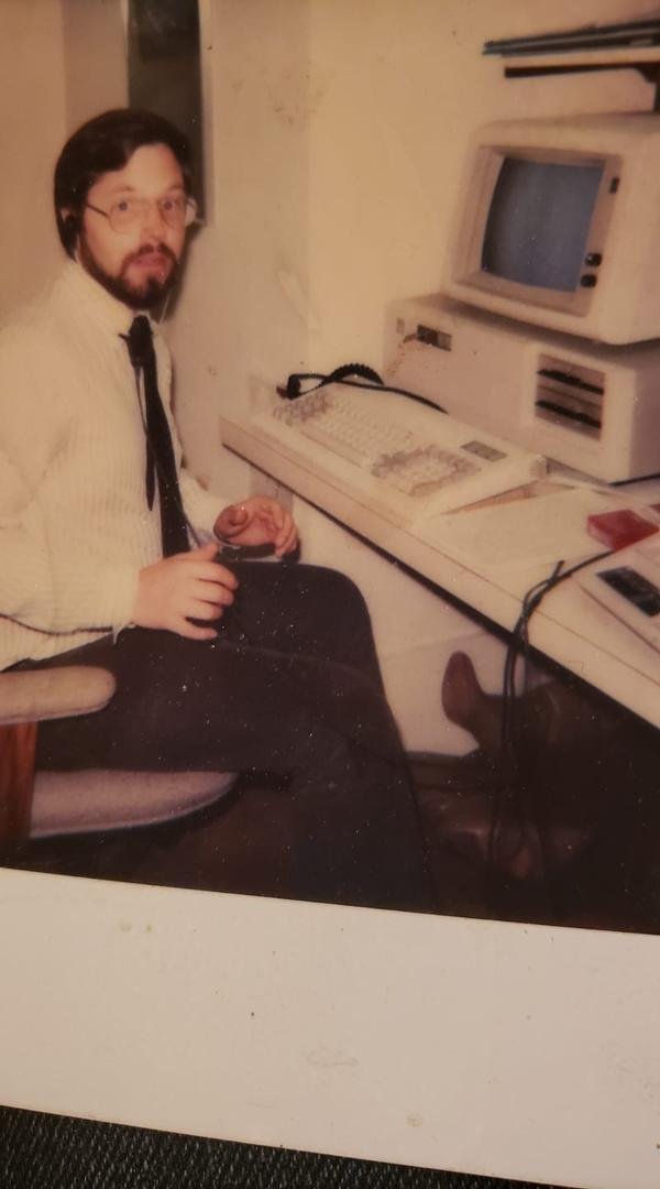 My first official office, circa 1986, using the first generation IBM At monochrome monitor. Was working for Applied Economic Research.