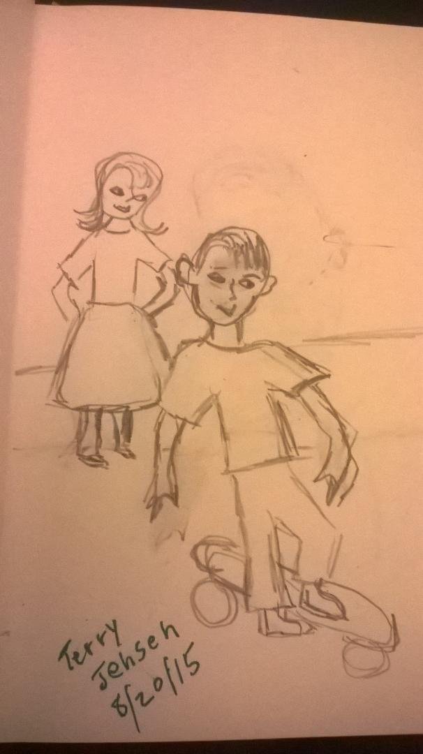 Old sketch I did of my son and me when he used to skateboard !