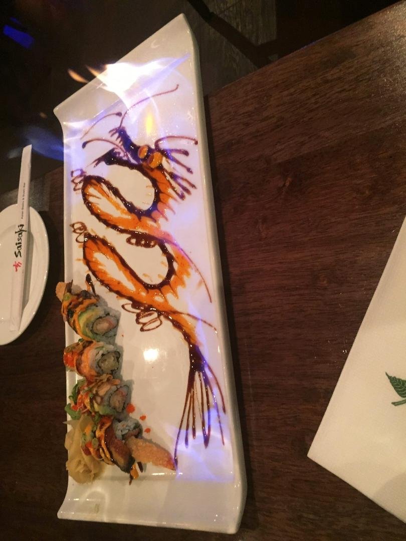 Flaming Dragon Roll at Saisaki Asian Bistro with Carson Flatt and Sharon Flatt in Newport News yesterday.