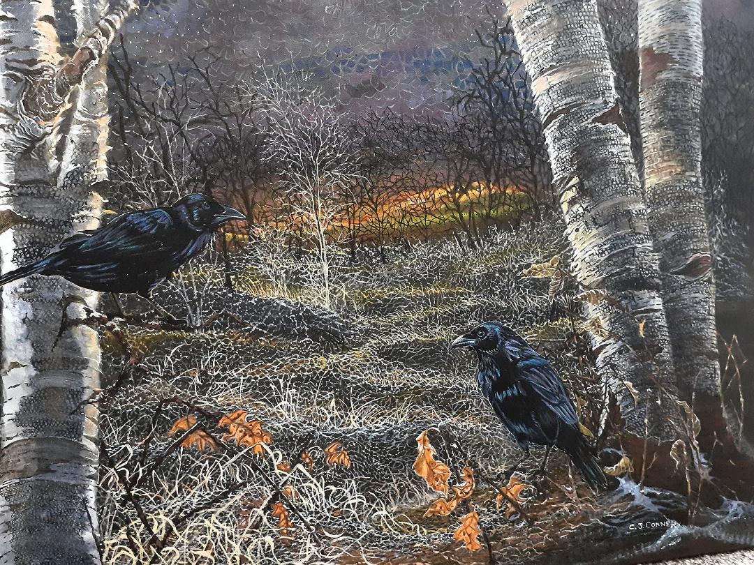 ALMOST done with this latest painting. 24x30 acrylic on canvas...now that I have the giant mural finished, I feel like painting 24 hours a day... This is Two crows watching the sun go down...