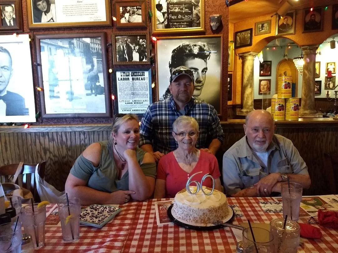 (L to R) Trudy Hatmaker, LaRue Nickell, John Nickell, and Justin Nickell back row. Celebrating our 60th Wedding Anniversary with our family.