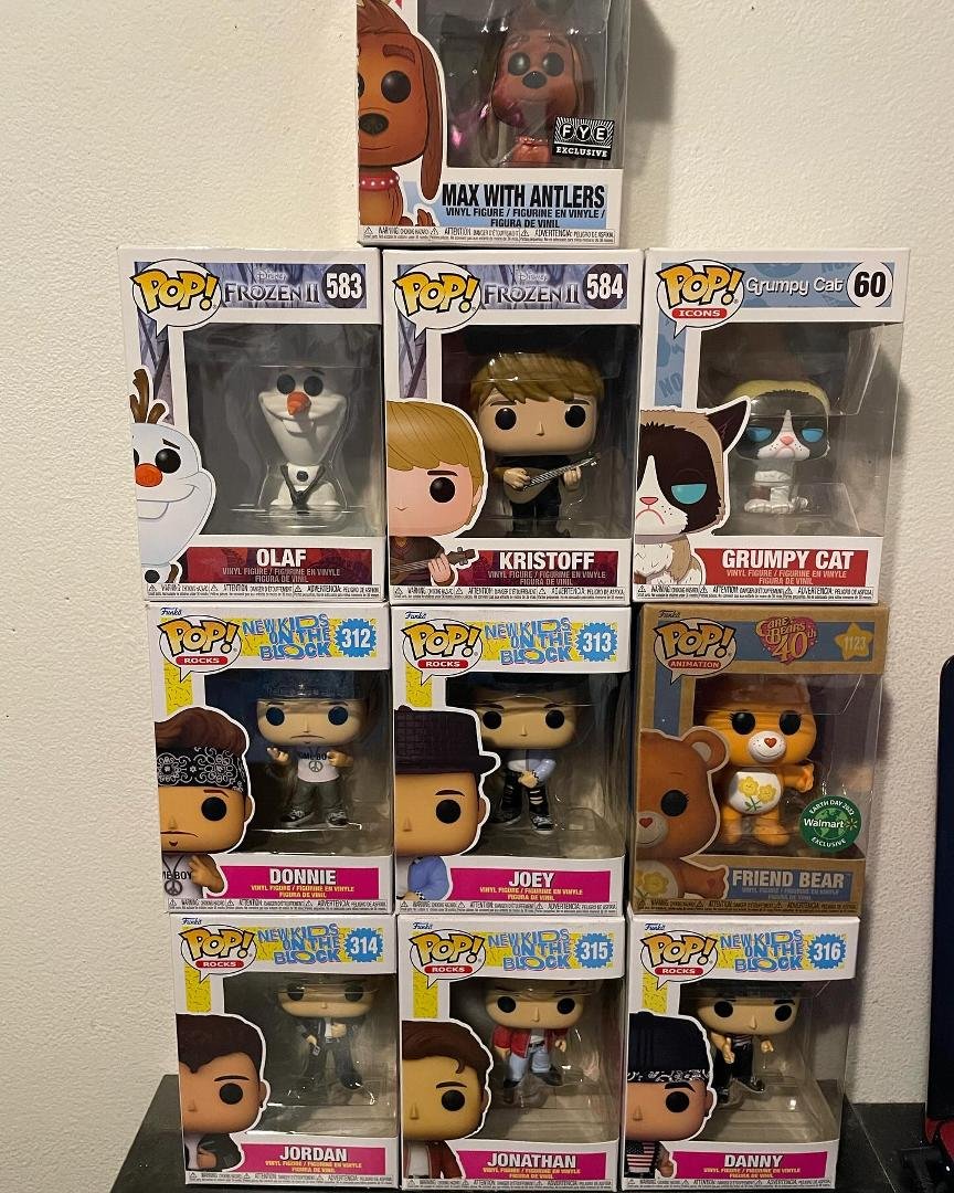 These are all my Funko pops I have I want to get more for my collection, I have all 5 of the NKOTB, 2 from Olaf, 1 from the Grinch, 1 Care Bears & 1 Grumpy Cat!! I want to get the rest in the sets & other ones!!