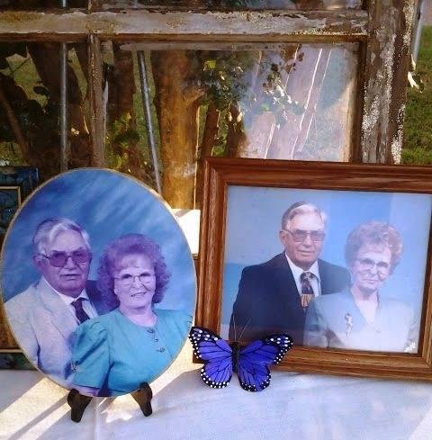 Mom and Gene (My Special Step-Dad) .her favorite color is purple (notice the butterfly).  This was displayed at my Granddaughters Wedding.  Missing you so much but I know you are watching over us, love you!:):)