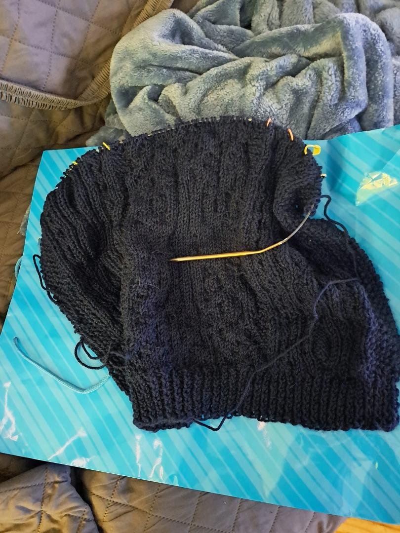 Kim gave me a hand knit cardigan. Sort of. For my birthday