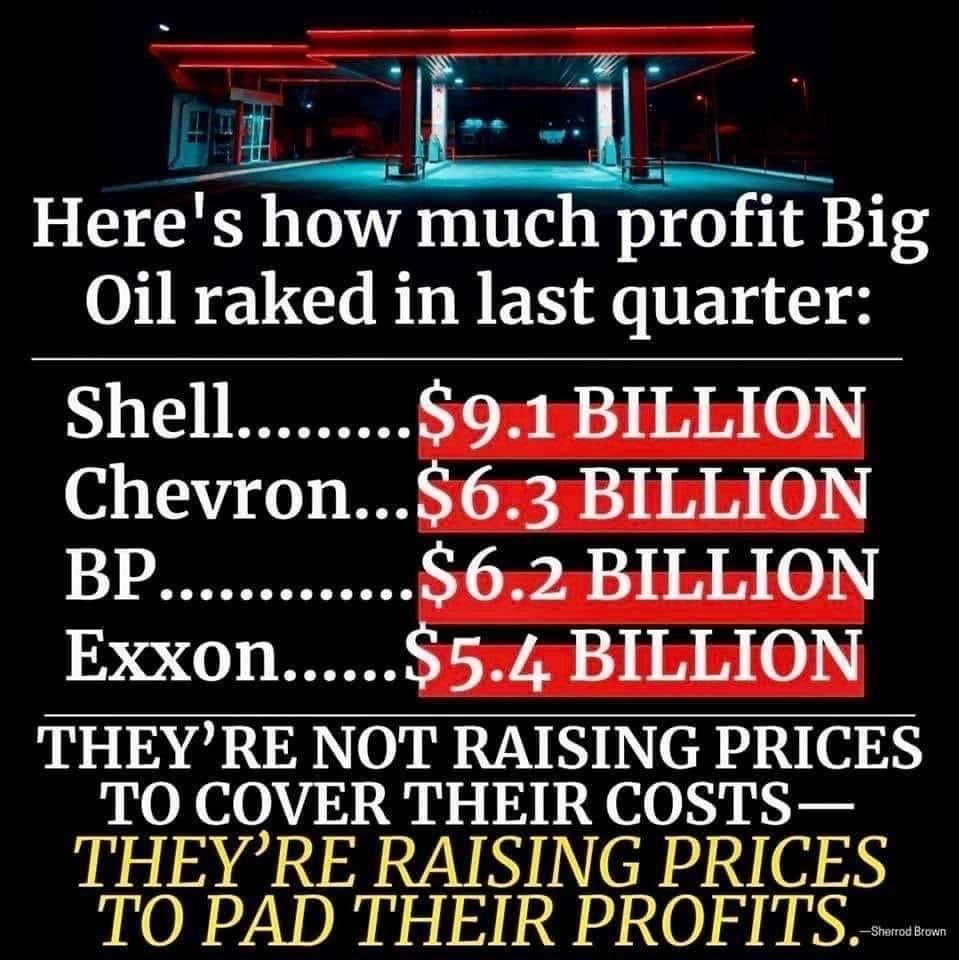 Big profit by oil companies is shocking and staggering.🤑💸💰
P.S. Many other Big Corporations are racking in huge profits taking advantage of Ukraine and Russia conflict.
