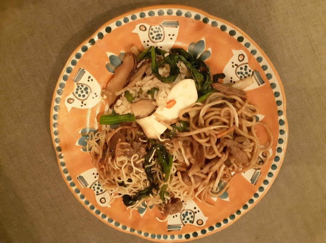 In the 3 containers behind the bah-mi sandwiches...rice noodles with bbq duck, sticky garlic rice with king oyster mushrooms and greens, beef chow mein. All from Dobe and Andy. Enough to feed 5-6 people totalling $34.00.