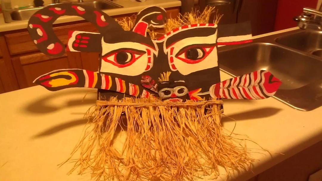 Can't sleep so I though I'd post Daniel's school project. He had to make something that was from the Indian tribe he chose, the Kwakiutl. it's one of their ceremonial masks.. I think he did a good job..I helped cut out the