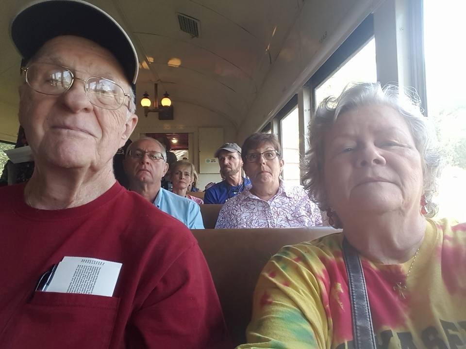 John's surprise! On board the Texas Railroad at Palestine. Headed to Rusk. Already nibbled on our picnic lunch. We get an hour in Rusk to have lunch, but who knows how much we will have left.