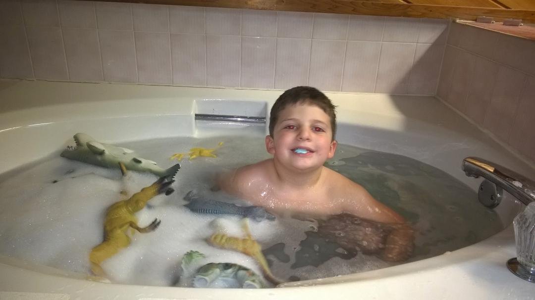 Dino Liam in the Jurassic tub.