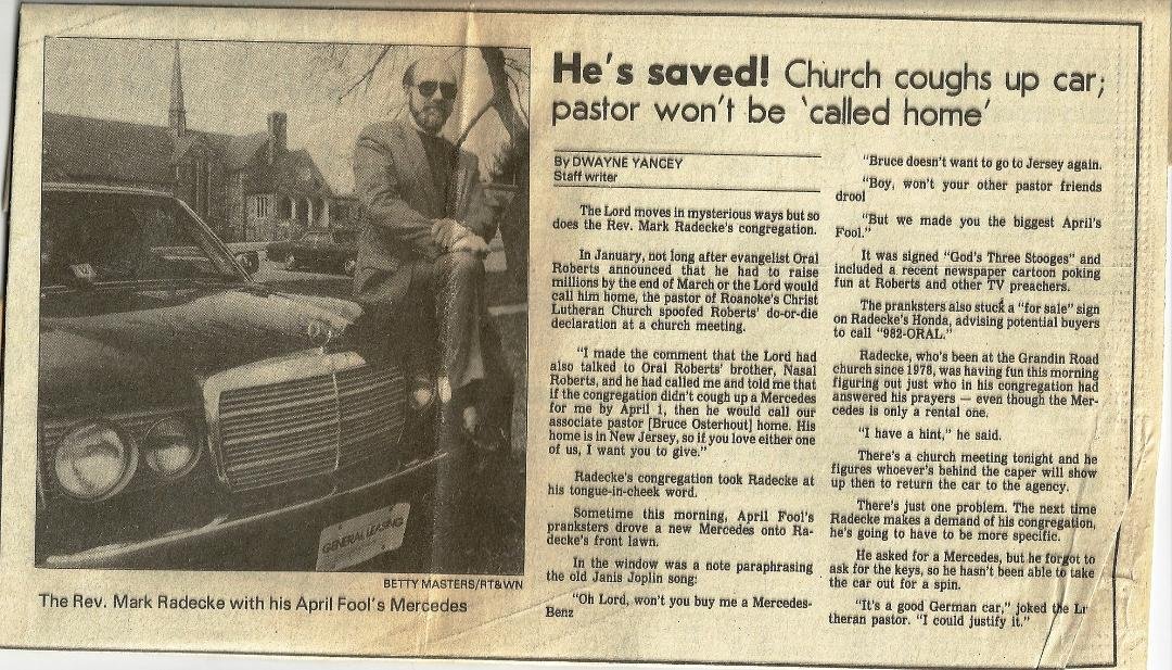 It was 27 years ago today -- well, yesterday for the prank, today for the article that ran in the Roanoke Times, USA Today, The Paul Harvey Show, and dozens of newspapers around the nation.