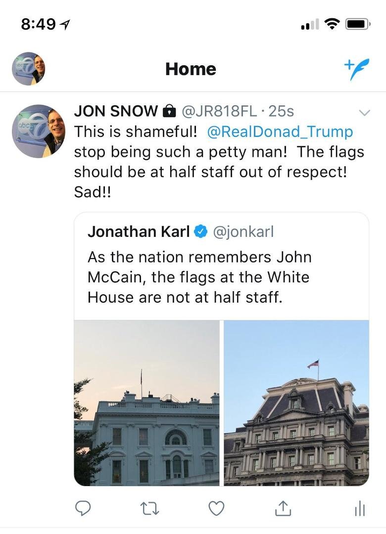This is shameful! @RealDonad_Trump stop being such a petty man! The flags should be at half staff out of respect! Sad!!