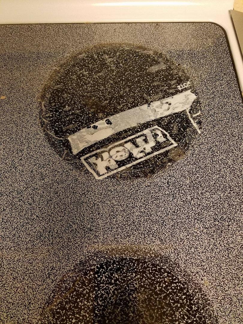 Be careful if you place a Ziploc on a hot burner. At least it's symetric. Any suggestions on removing this?