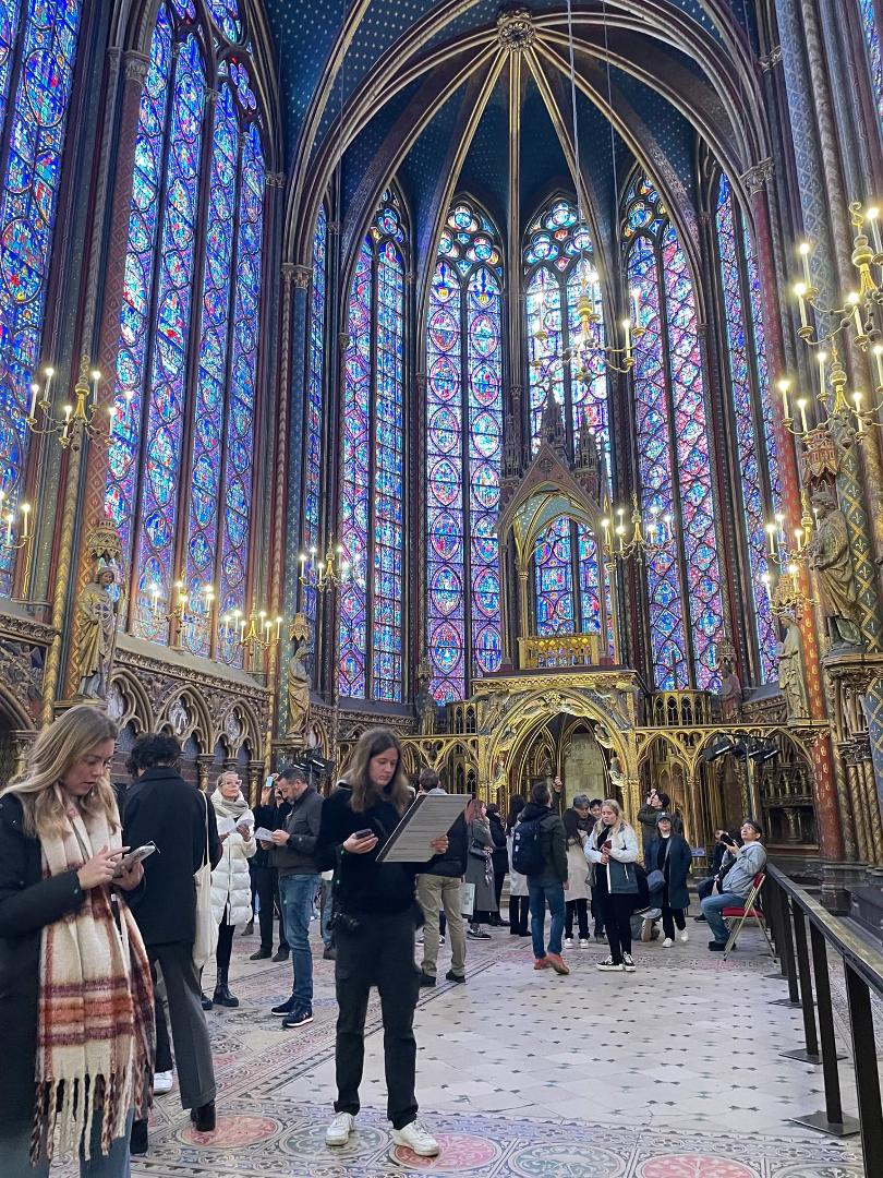 St Chapelle in Paris about a block away from Notre Dame. It was built to house the Crown of Thorns. Later the crown was moved to Notre Dame. The crown was saved during the fire at Notre Dame.