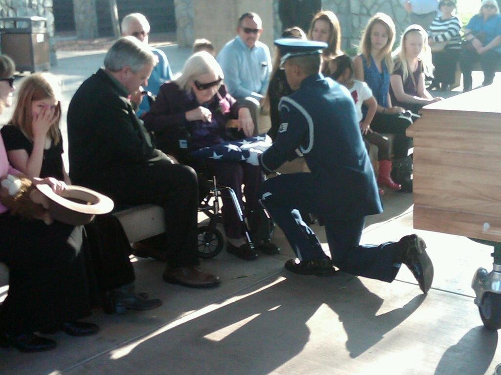 Aunt Erleen receiving the flag after military funeral services for her husband Alex who retired as a Lt Col in the Air Force. Thank you for your service Uncle Alex, you will be missed.