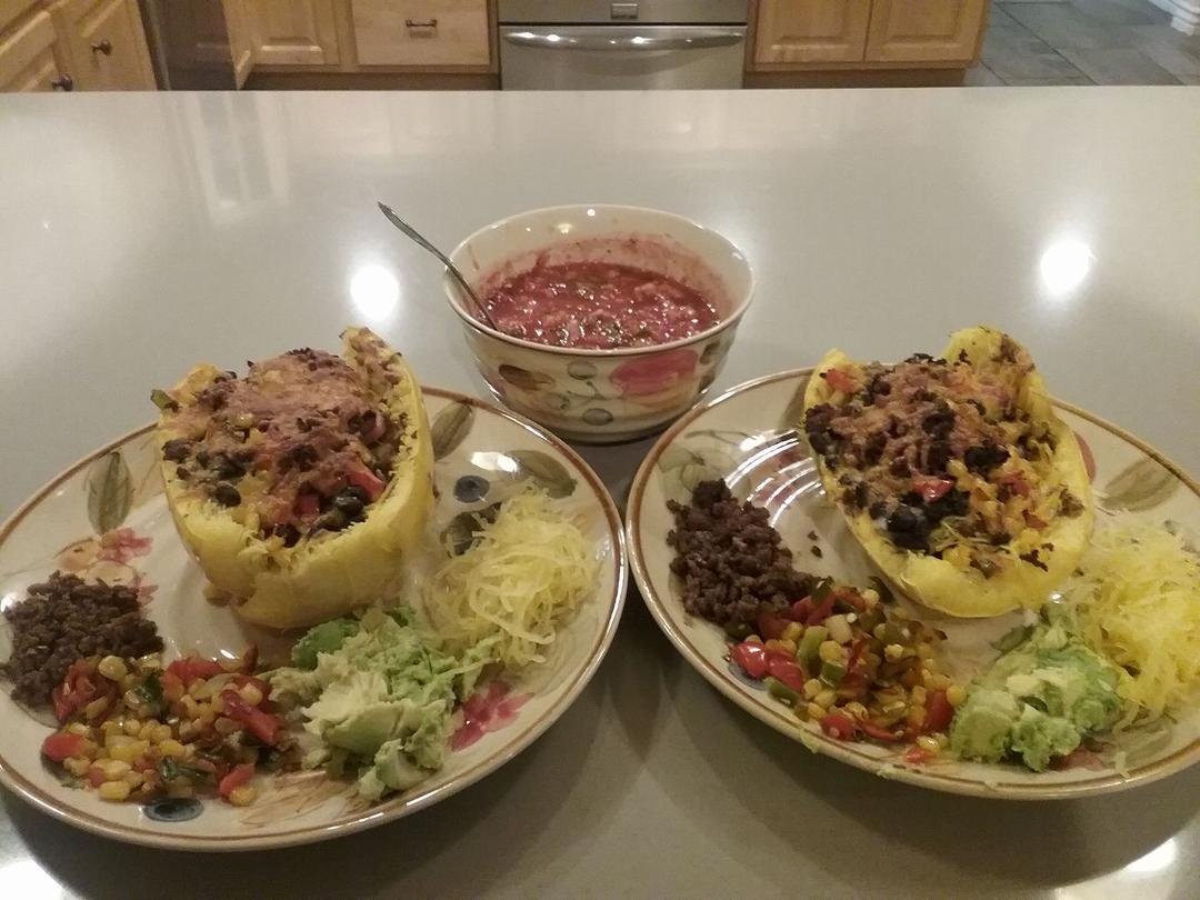 Spaghetti squash fiesta burrito bowls! Tried these they are so easy and delicious.