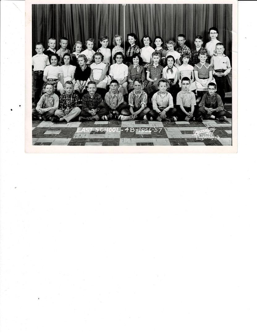 4th Grade Picture Mrs. Bixler East Elementary 1956-57
First Row: 1. ? 2.John Stidman 3. ? 4. ? 5. Rick Marlowe 6. Harvey Nesbitt 7. ? 8. Tom Le Clerc
Second Row: 1. ? 2. ? 3. ?4. Claudia Colligan 5.? 6.? 7. Mary Ann Robins