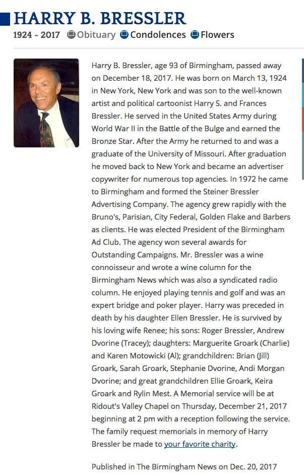 Ted Johnson's album, Harry Bressler dies at 93