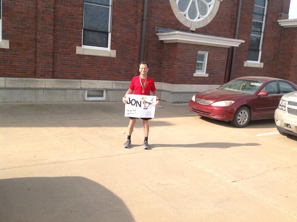 Jon just finished 13 mile marathon coming in third of his age group Good Job .