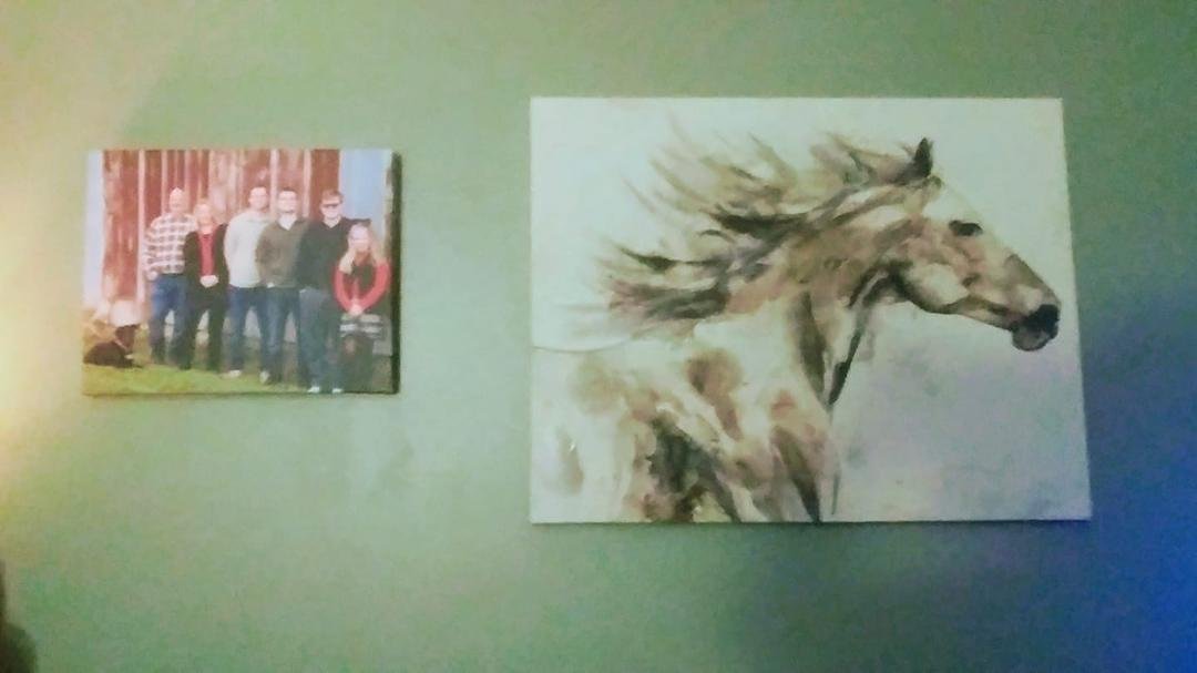 A beautiful family picture from my son,Harold and horse canvas print from my daughter Kelly...for Christmas.....I love them BOTH....Thank you.... beautiful on my living room wall.....