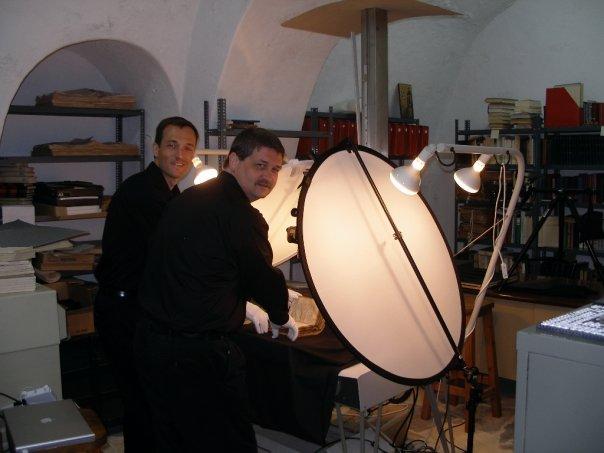Billy Todd and Emanuel Guegain photographing manuscripts at the Monastery of St. John the Theologian, Patmos