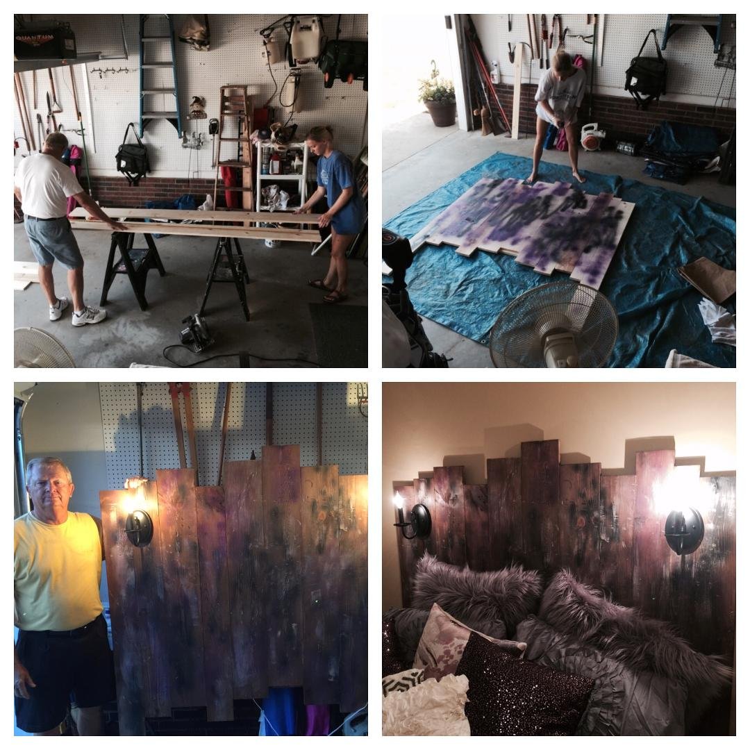 USC & Emily's junior year - Em has picture of headboard she would like for her college bedroom - . Emily's wish was Papoo's command😜 -  He built, she painted & stained then he added the lights!  "Perfect" according to Em &
