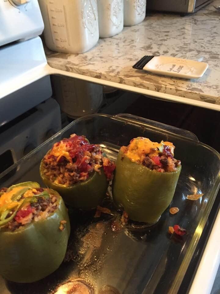 Ok Dave O’Shea here is my Sunday stuffed bell peppers that Jim opted out of this evening! Was going to make cabbage rolls but these sounded good!