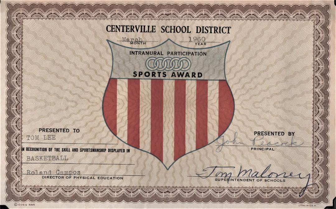 Some of you on my friends list go all the way back to Centerville junior high. Here is my beloved award for intramural sports. Notice the heading on the award Centerville school district. No FUSD