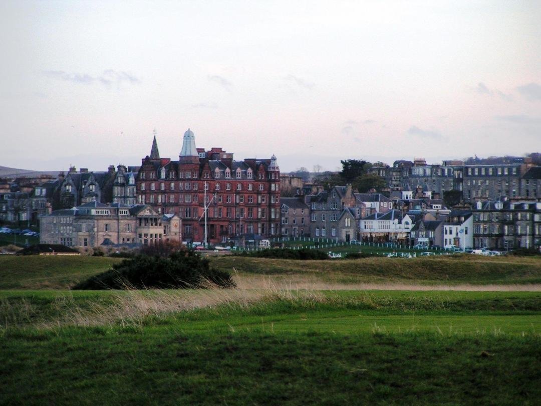 The Royal and Ancient Golf Club taken from the New Course with the town of St. Andrews in the background