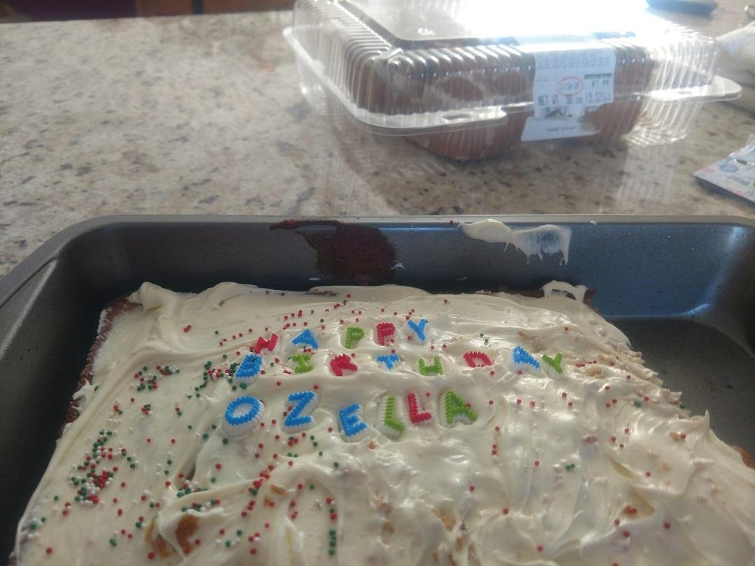 Josiah, made this birthday cake for his Nana's 84th birthday.  He cracked me up when he put Ozella.  His Nana got a kick out of it to.