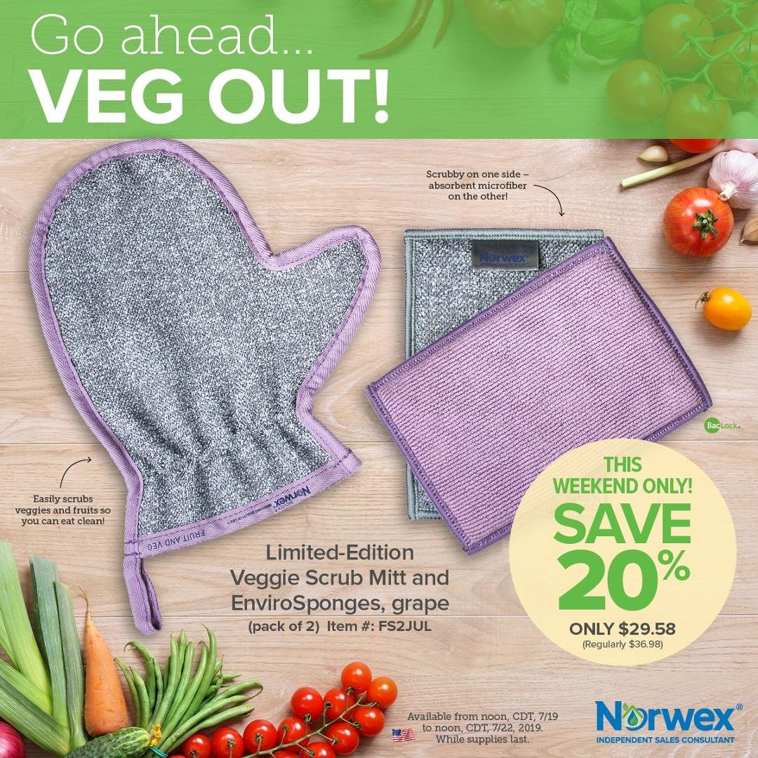 New Flash Sale available thru Noon on July 22nd!
What is better than 1 Veggie Scrub Mitt, 2 Veggie Mitts!!
 Item # is FS2Jul
Here is the link to order:
 http://beverlyfedie.norwex.biz/en_US/customer/party/3774727