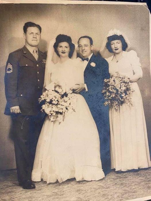 My Mom and Dad on their wedding day. My Uncle Phil O'Mara was the best man and his wife my Aunt Dorothy, matron of honor. Uncle Phil was a silver star recipient, injured during the Battle of Normandy and has casts on his le