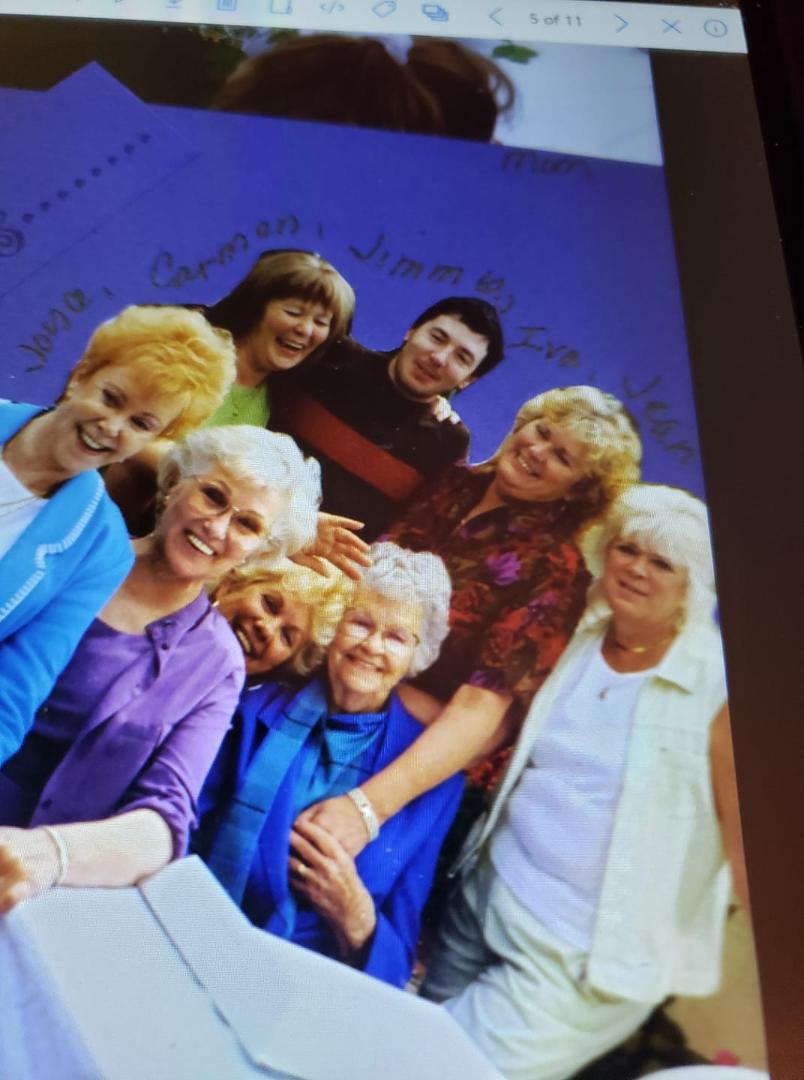 All my sisters except Jane and the boys. Jimmy is Carmen's son. Back row: Carmen, Jimmy, Iva, Jean 1st row: Joyce, me, Joan, Mom